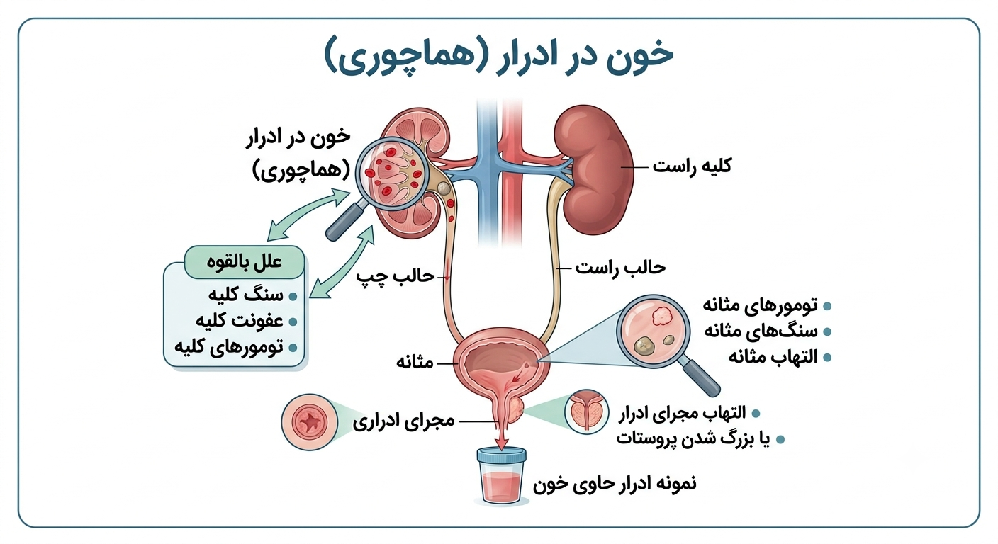 خون در ادرار (هماچوری) به صورت شماتیک همراه با کلیه، حالب، مثانه و مجرای ادراری